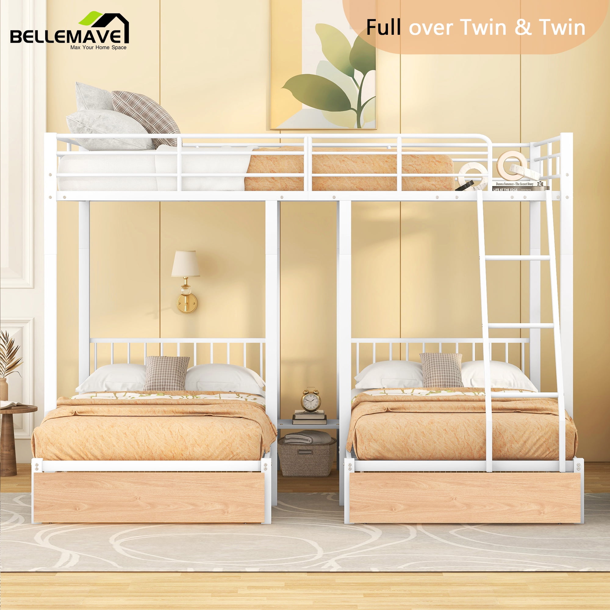 Bellemave Metal Full over Twin over Twin Triple Bunk Bed with Storage Drawers, 3 Bunk Bed Can Be
