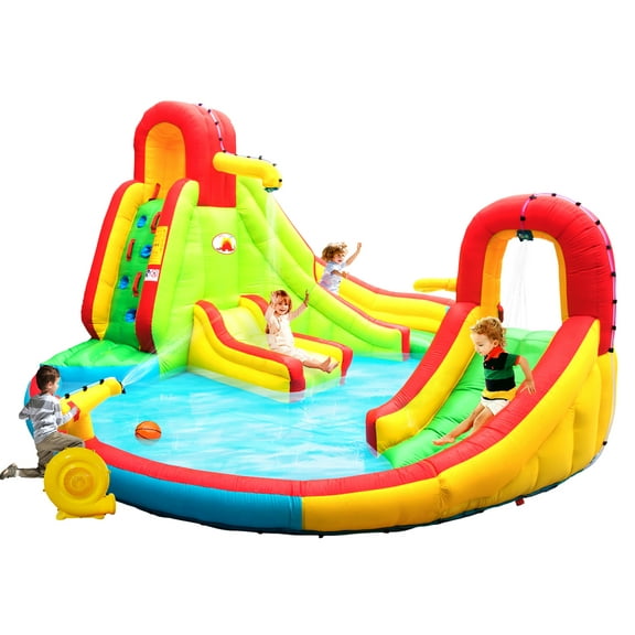 WELLFUNTIME Inflatable Water Slide with Blower, Kids Bounce House Water Park with Splash Pool for Backyard