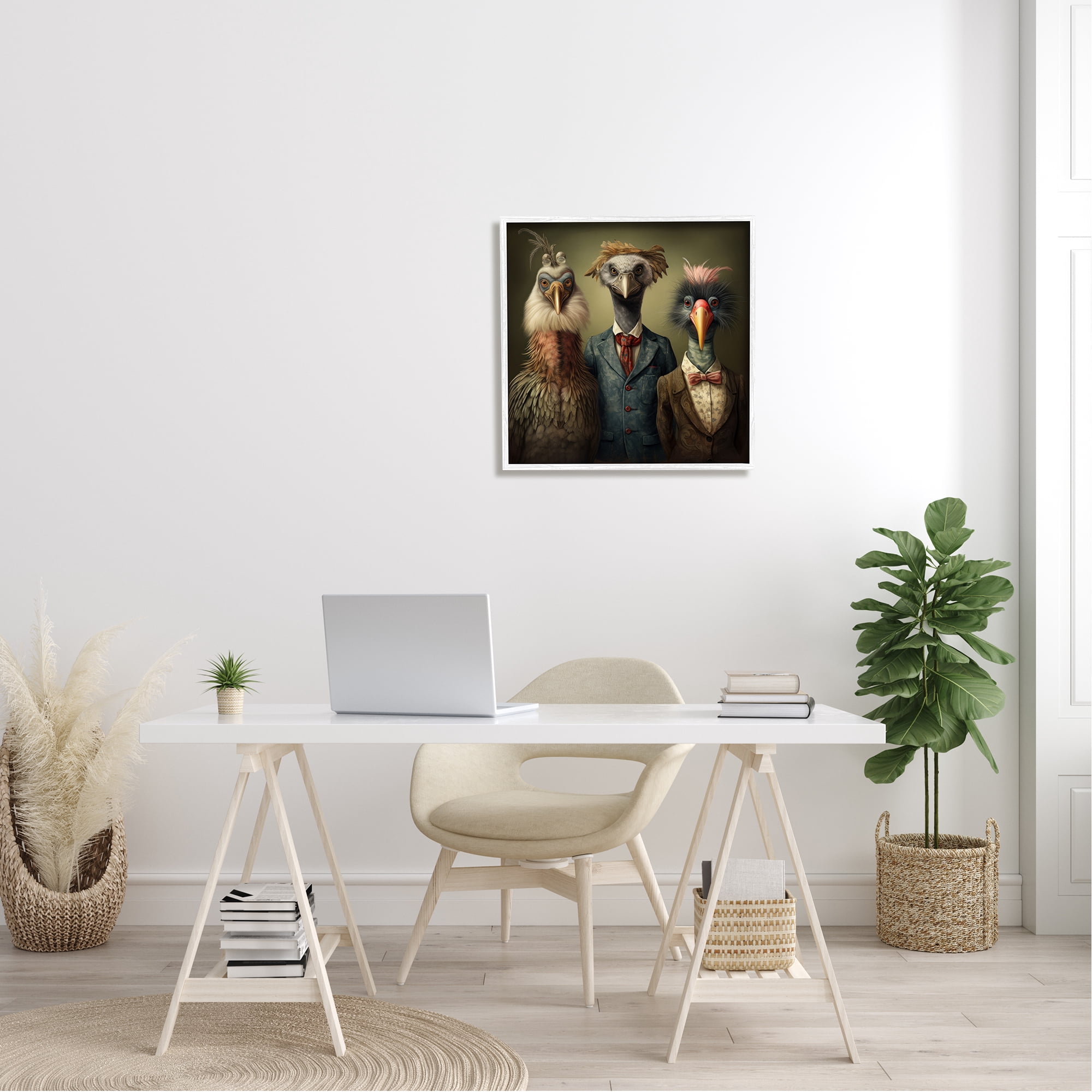 Stupell Industries Birds in Fancy Suits Animals & Insects Painting White Framed Art Print Wall Art, 24 x 24