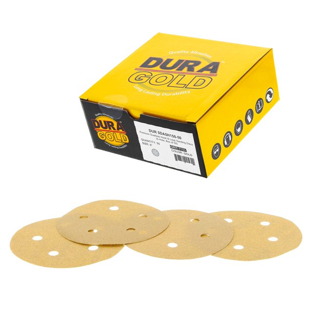 Discos de lijado dorados Dura-Gold Premium de 5 pulgadas - Grano 150 (caja de 50) - Papel de lija con respaldo de gancho y bucle sin polvo con patrón de 5 orificios para lijadoras Da Abrasivo de óxido