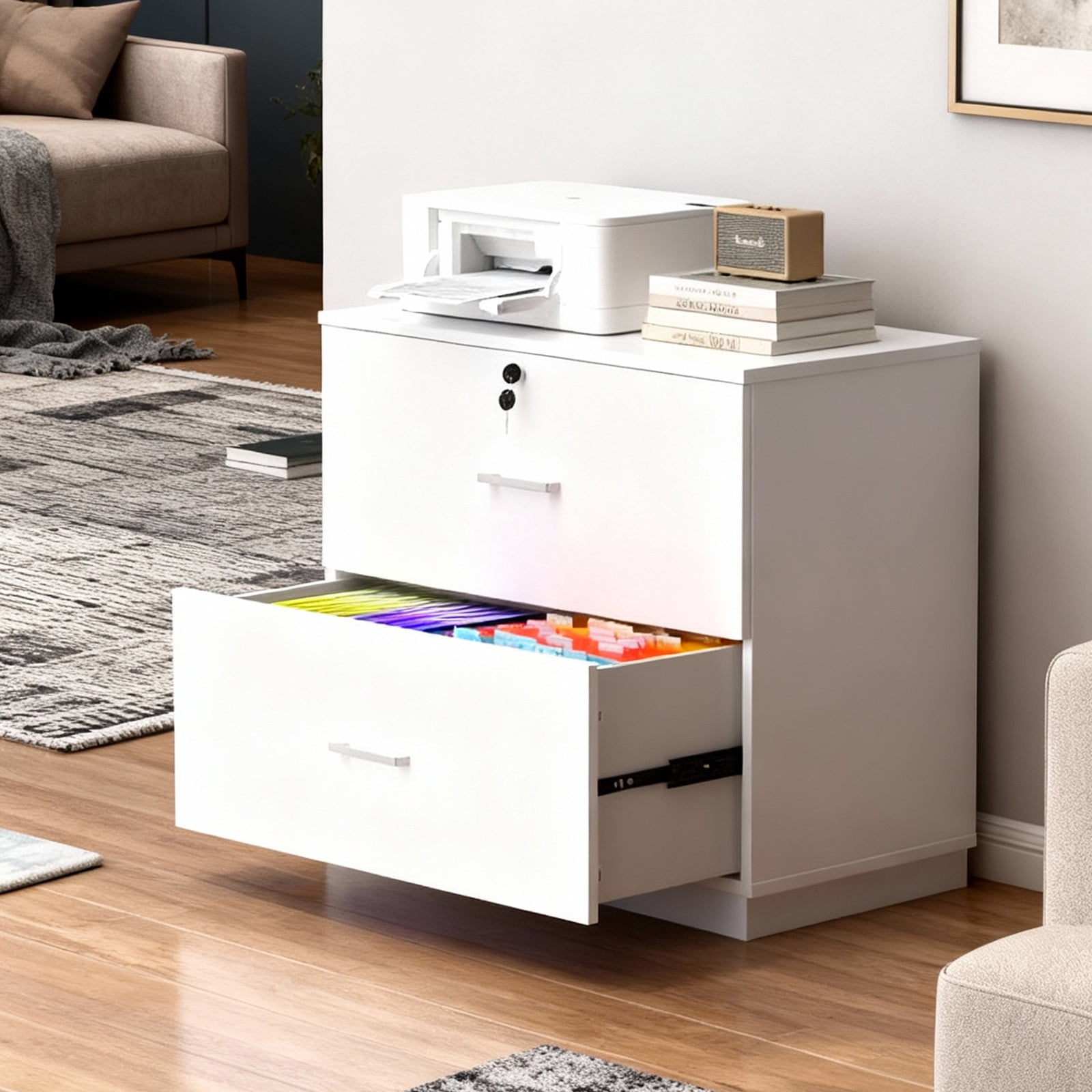 Ktaxon Wood 2 Drawer File Cabinet with Lock, Lateral  Lockable Wood Filing Cabinet for Home Office, Printer Stand with Drawers, Fits Letter, Legal & A4 Files, White