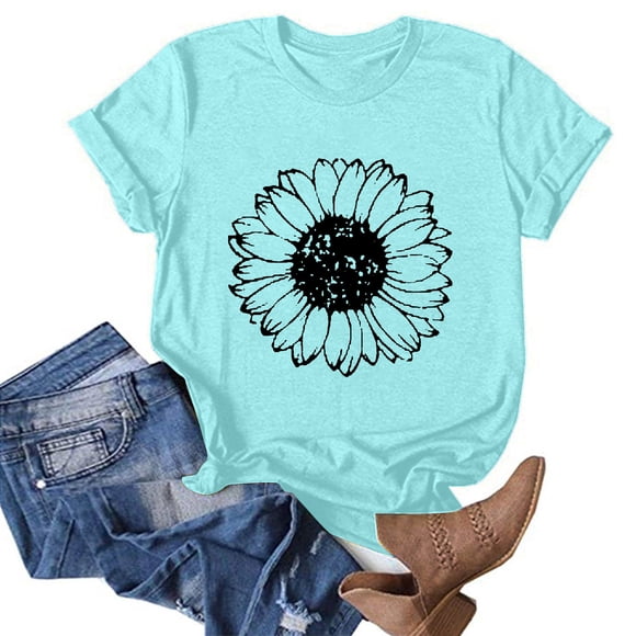 Graphic Tees For Women,Fashion Women New Style Flower Printed T Shirts Loose Short Sleeve Crewneck Blouses Summer Casual Ladies Tops