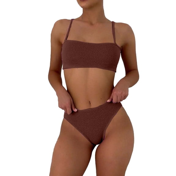 Uaswgudfs Women's Textured Bandeau Two Piece Bikini Sets Scrunch Ribbed Thin Strap Cheeky Bathing Suit Brown L