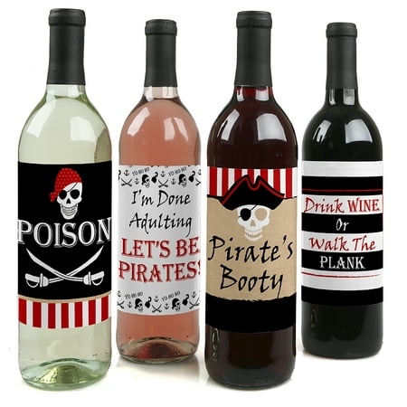 Beware of Pirates - Pirate Birthday Party Decorations for Women and Men - Wine Bottle Label Stickers - Set of 4