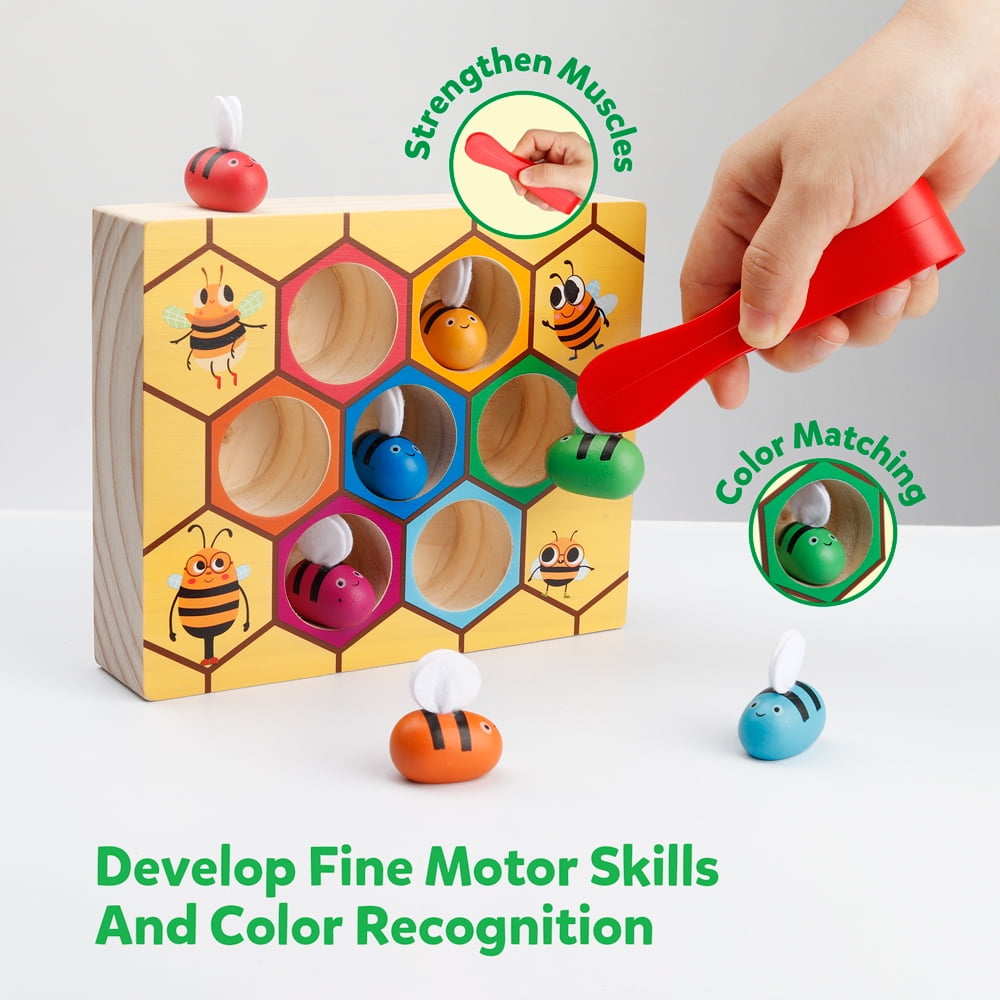 Wooden Color Sorting Puzzle Toy Clamp Bee Matching Game Fine Motor Skill Toy Early Educational Gift Toy for Toddlers Bee Game 