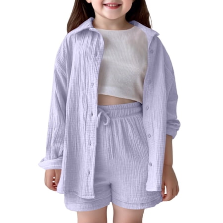 VNKIDY Girls Outfits Sets Casual Summer Fall Outfits Sets Shirt Shorts Sets Kids Toddler Girls Comfortable Solid Color Loose Fit Daily Wear School Playground Trendy