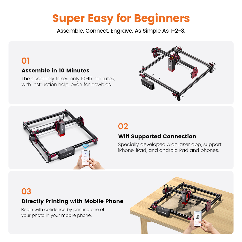 Algo DIY Mini Engraver 5W Output Power, 200mm/s Cutting and Engraving Machine for DIY Wood Metal Glass Leather, WiFi APP Control for Beginners