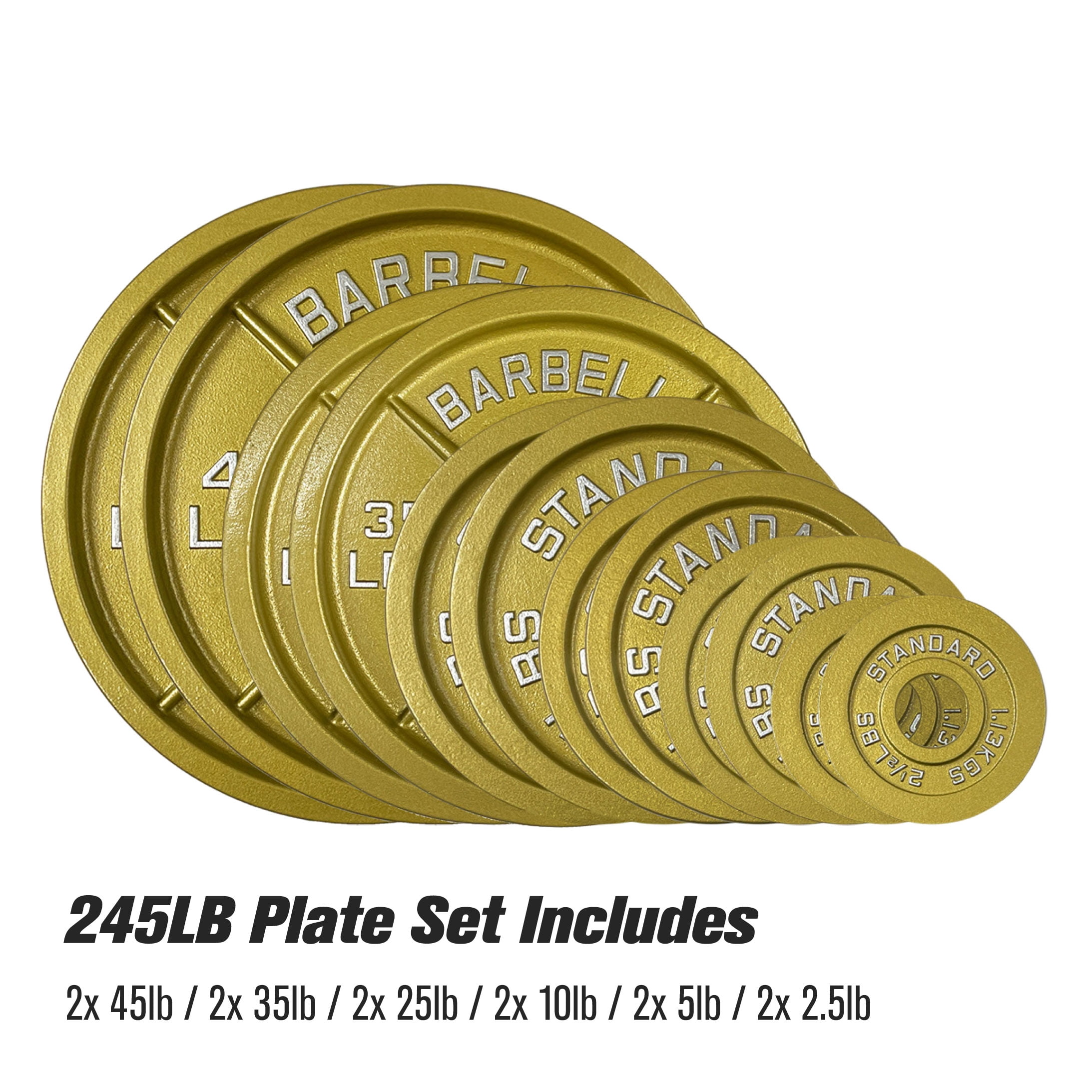 245LB Gold Olympic Steel Plate Set - 2 Inch Barbell Standard Weights in Premium Gold Finish