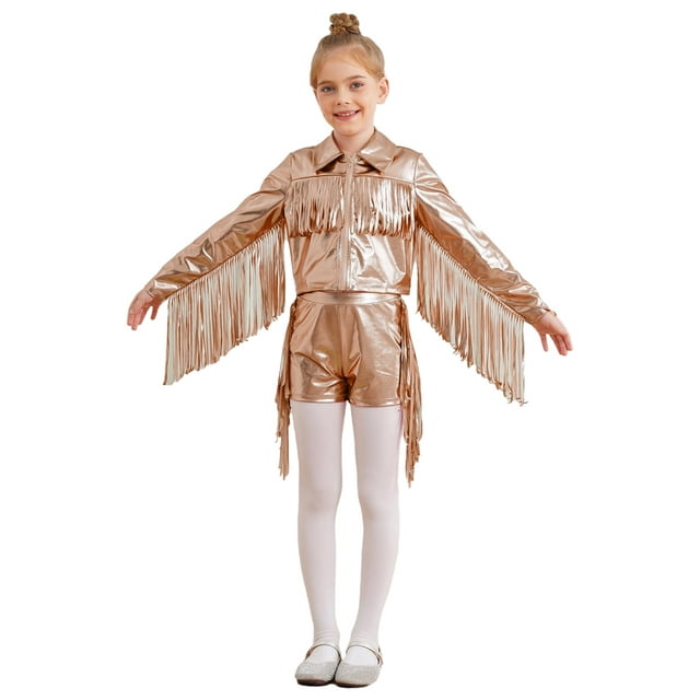 TSSOE Girls 90s Theme Concert Rave Disco Hip Hop Dance Outfit Cowgirl Shiny Metallic Fringe Jacket with Shorts Set Brown 8