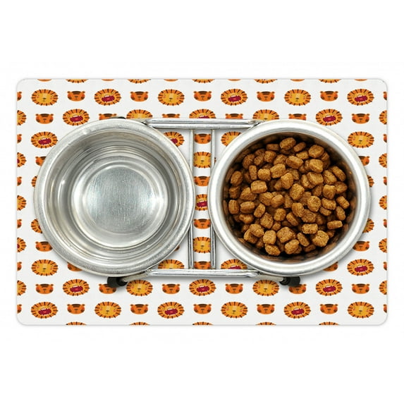 Tiger Pet Mat for Food and Water, Repeated Rounded Forms Jungle Tiger Lion Sharp Teeth Funky Characters Face, Non-Slip Rubber Mat for Dogs and Cats, 18" X 12", by Ambesonne