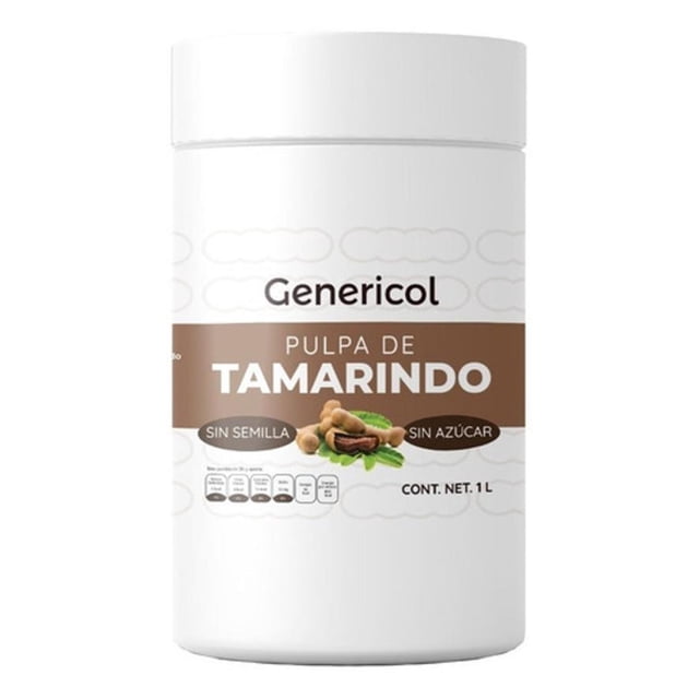 pulpa de tamarindo natural 1 litro sin azúcar y sin semilla Bote blanco de 1 L, vista frontal; etiqueta marrón y blanca con marca Genericol y texto grande 'Pulpa de Tamarindo', leyendas visibles 'Sin semilla' y 'Sin azúcar', ilustración de tamarindo partido; indicada para preparar bebida o como saborizante y sazonador.