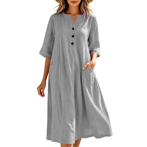 CHGBMOK Plus Size Dresses for Women 3/4 Sleeve Maxi Dresses Button V Neck Loose Fit Dress with Pockets