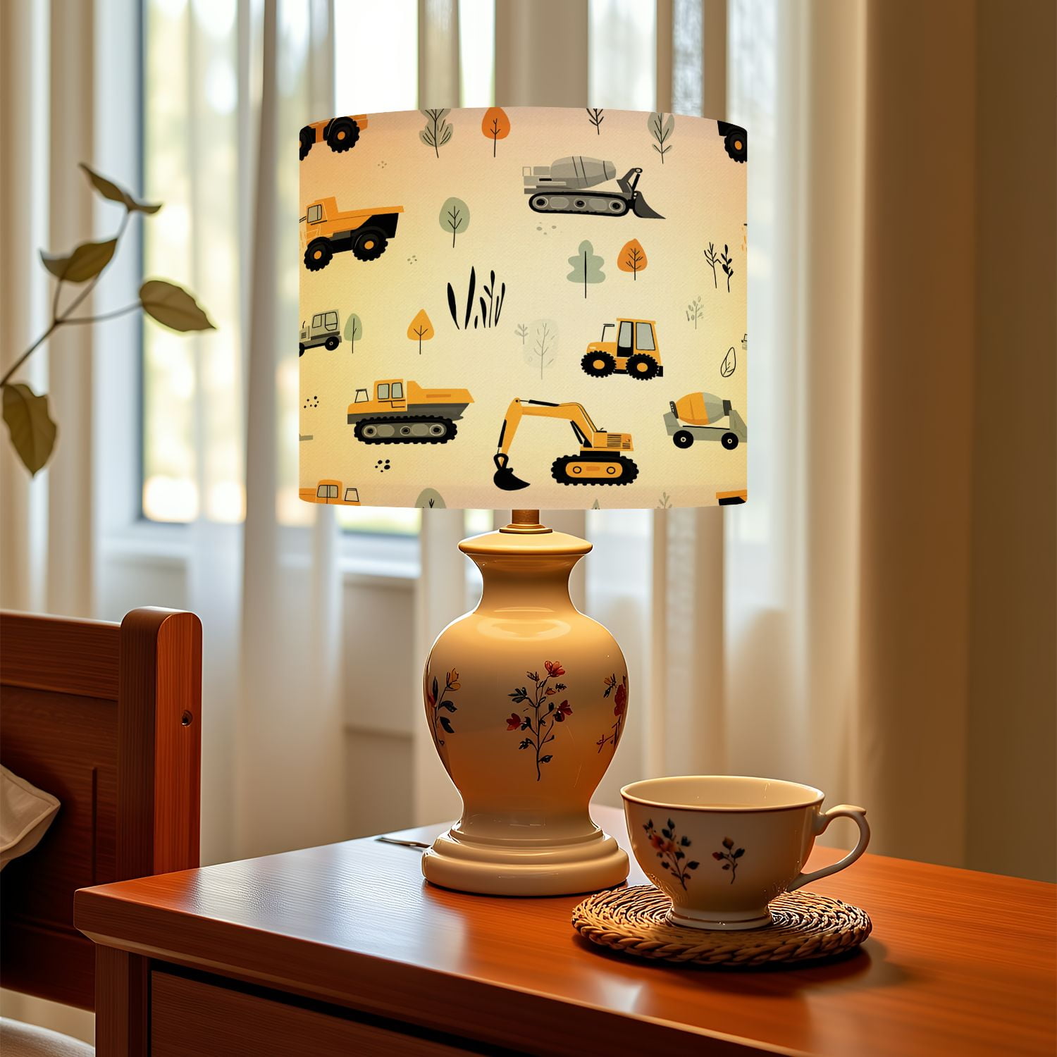 Boho Linen Drum Lampshades Cute children seamless construction machinery Cartoon hand 13"x13"x10" Light Shade for Table Lamps Floor Lamp Shades Lampshade Replacement Assembly Required
