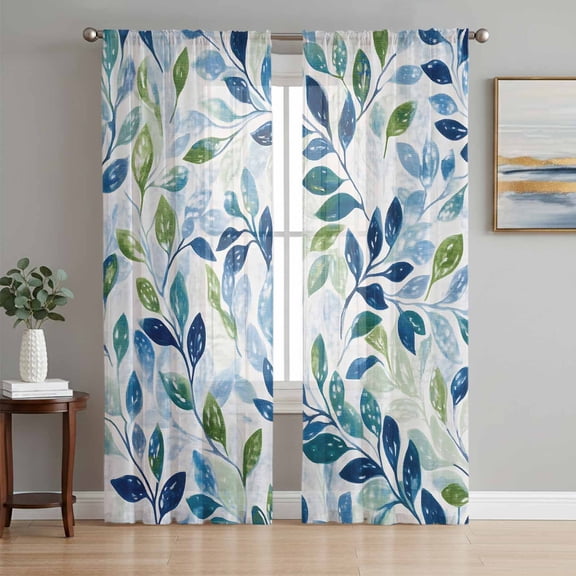 Navy Blue Leaves Sheer Curtains 72 Inch Length 2 Panels Set, Green Summer Botanical Voile Window Treatment Rod Pocket Curtains Sheers Drapes for Bedroom/Living Room/Kitchen 52"x72"x2
