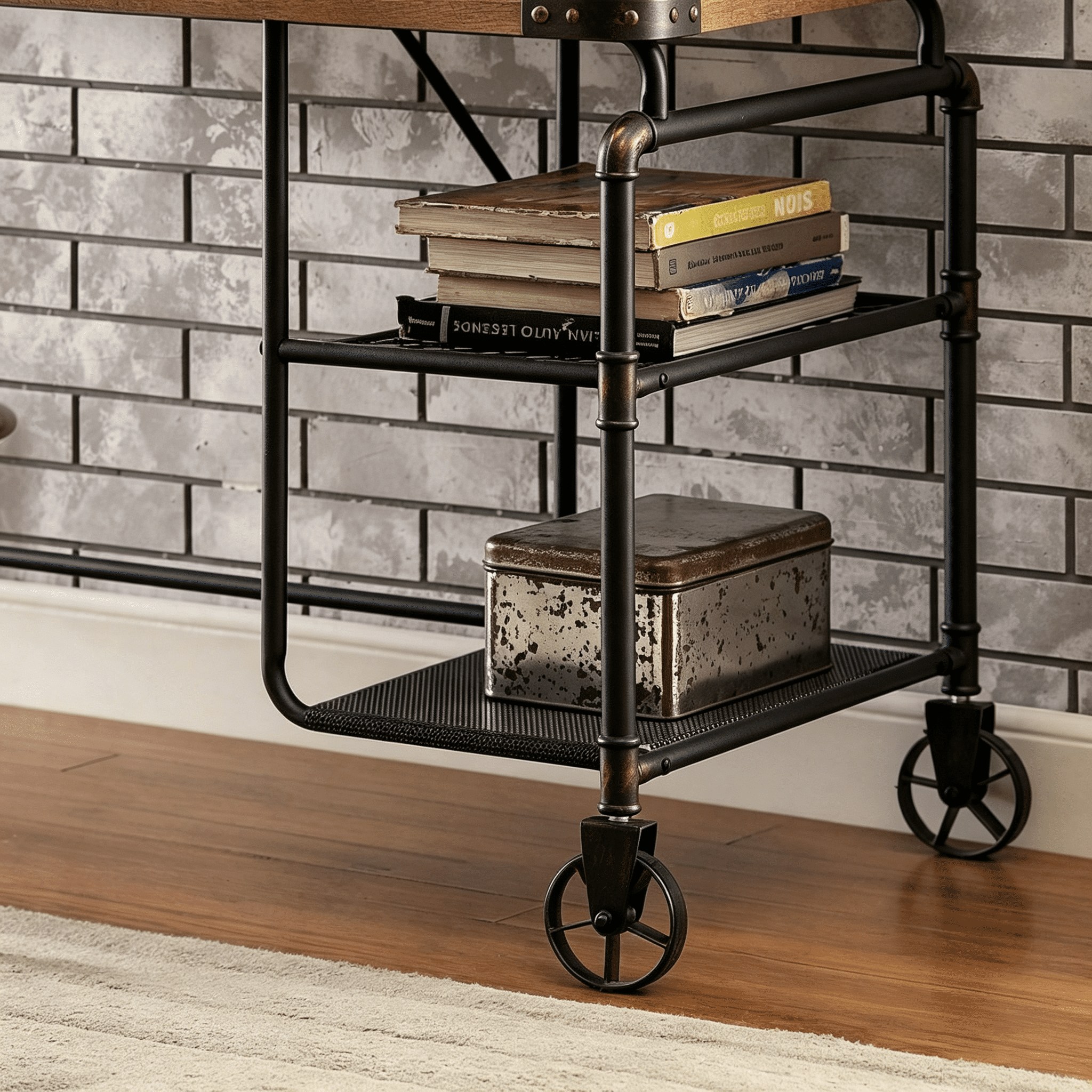 Astoutdoor Industrial Style Desk with Open Shelves and Casters, Antique Black Finish