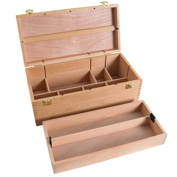 U.S. Art Supply Multi-Function Unfinished Beechwood Artist Tool Storage Box with Removable Tray & Locking Clasps - Protect and Organize and Transport Paints, Pencils, Tools & Supplies
