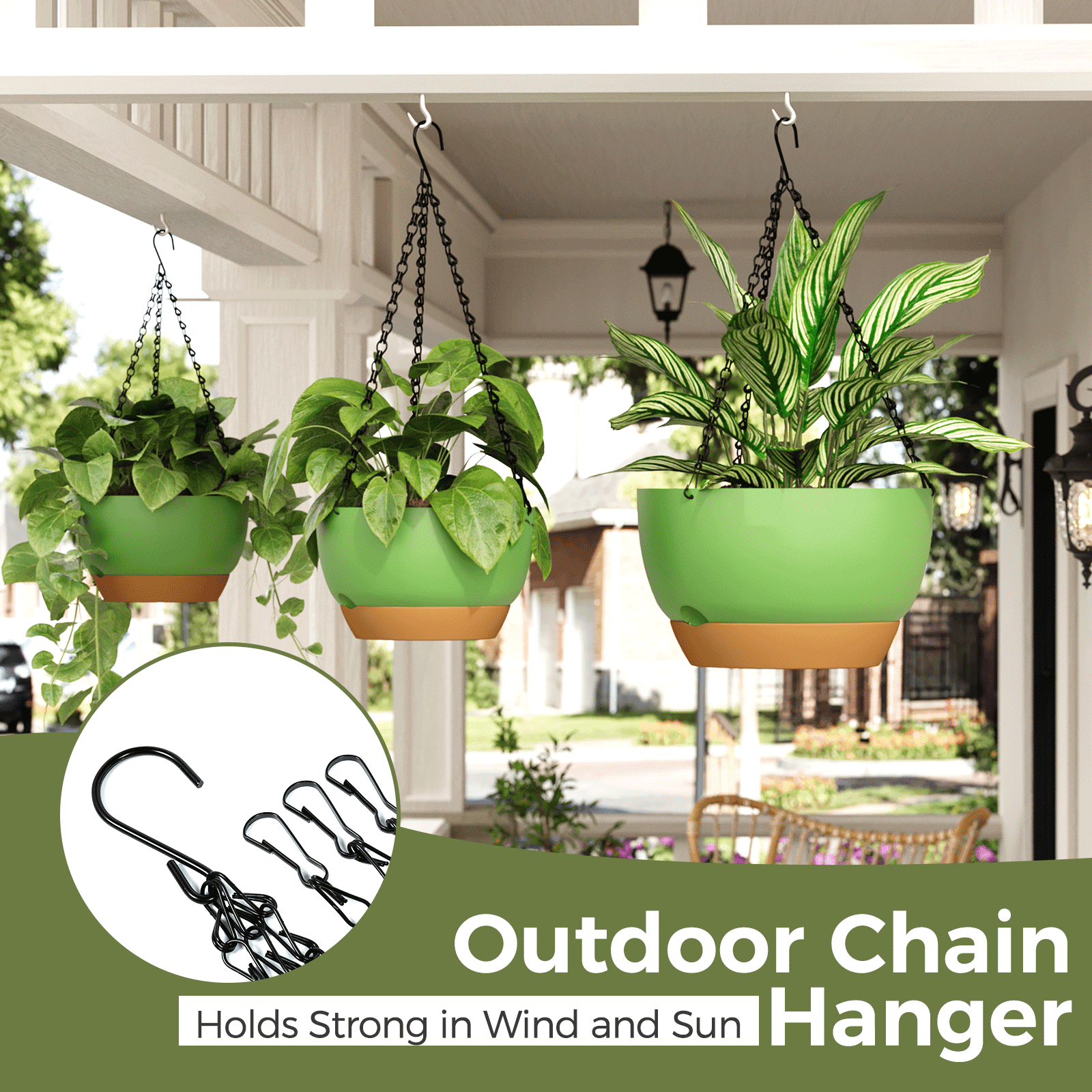 10 inch Plant Pot Hanging Planters Self Watering Pots for Indoor Plants, 3 Pack Plastic Hanging Basket with Removable Tray for Home Garden Porch Balcony Patio Decor,green