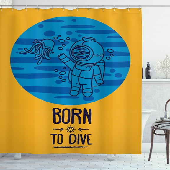 Underwater Shower Curtain, Born to Dive Message with Diver in the Sea Jellyfish Adventure Scuba, Fabric Bathroom Set with Hooks, 69W X 75L Inches Long, Apricot Persian Blue, by Ambesonne