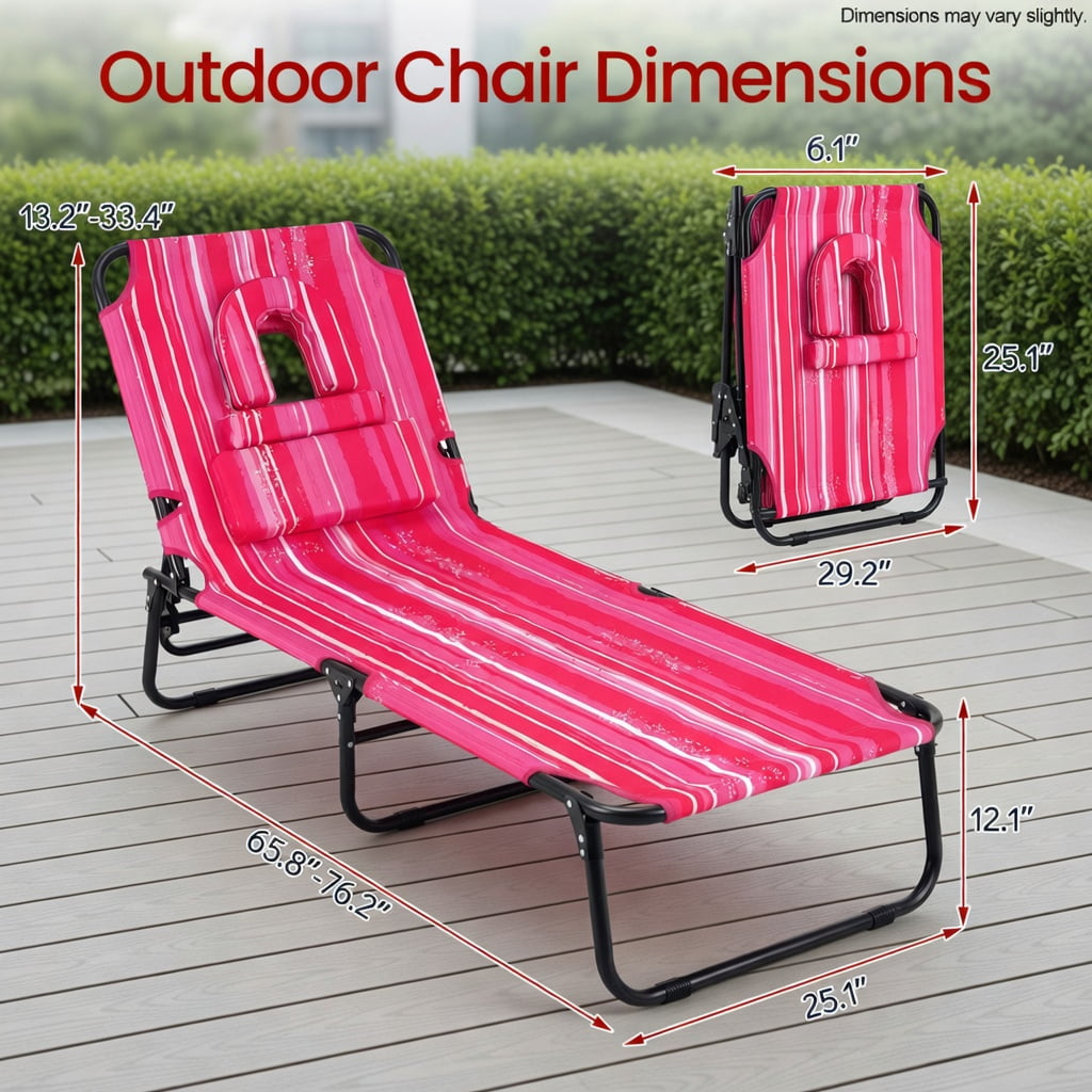 Hommoo Foldable Face-Down Tanning Chair with Adjustable Backrest, 3 Removable Zippered Pillows, Pink Stripe
