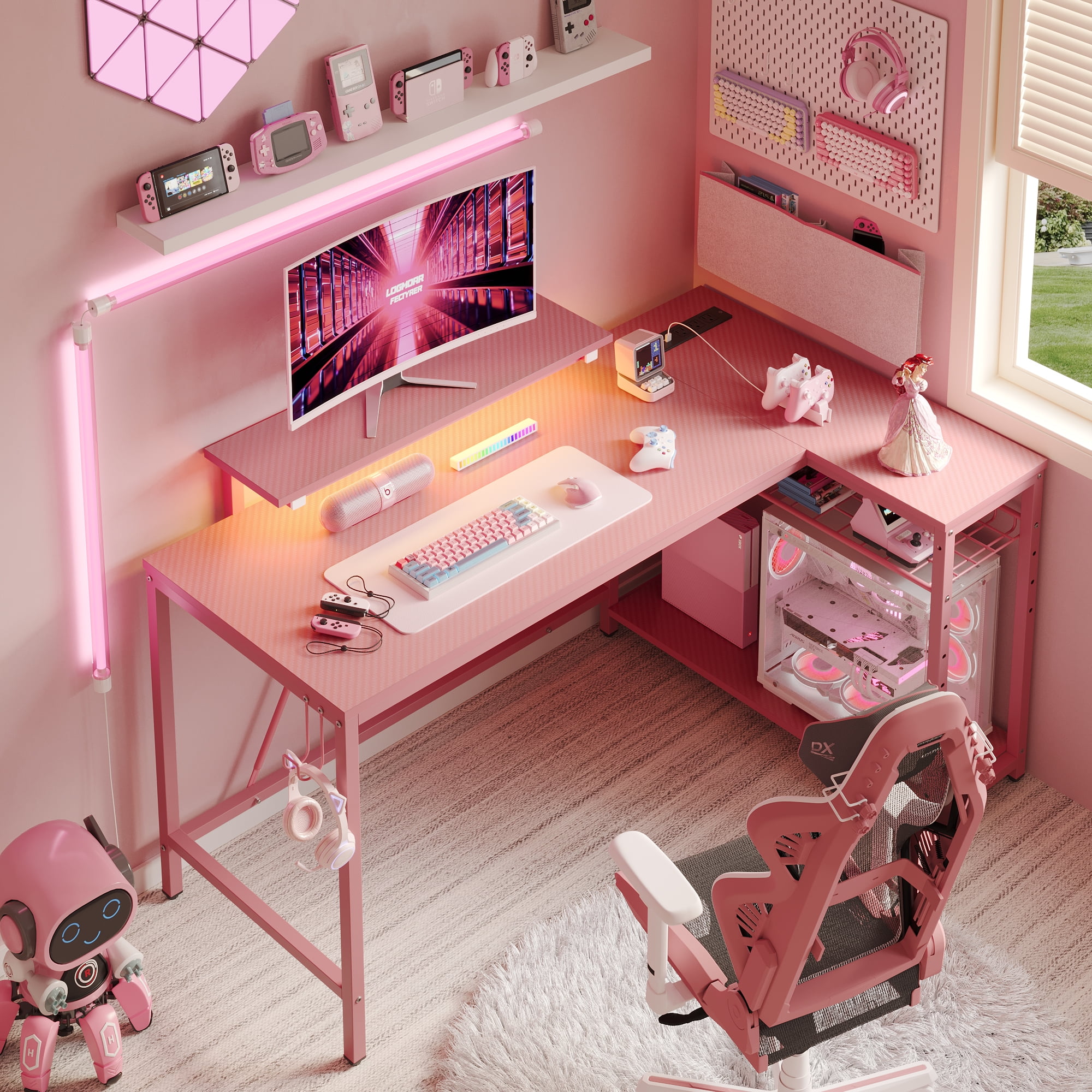 Bestier 52 Gaming Desk With Led Lights L Shaped Desk With Power Outlet Monitor Stand Corner Computer Desk In Pink Other 52 Inch