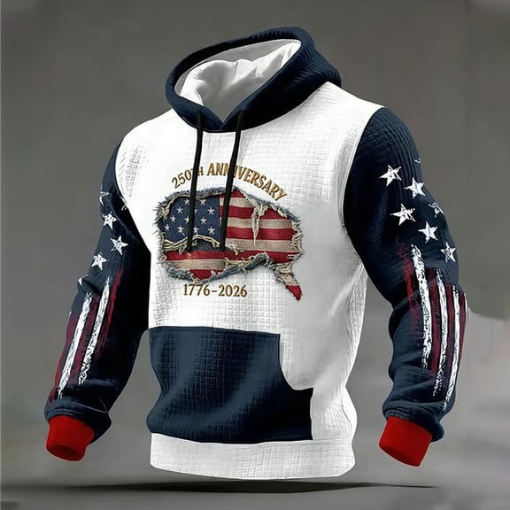 Men's Usa 250Th Anniversary Hoodie American 250 Flag Printed Waffle Shirt 4Th Of July Sweatshirt