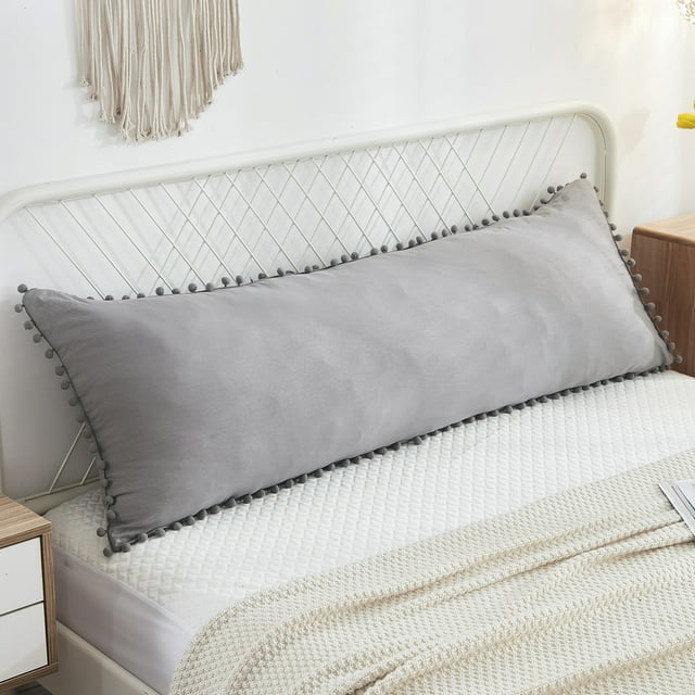 Move Over Light Grey Body Pillow Cover 20x54 inches Boho Chic Pom Poms Fringe Pattern Body Pillowcase 100% Washed Microfiber