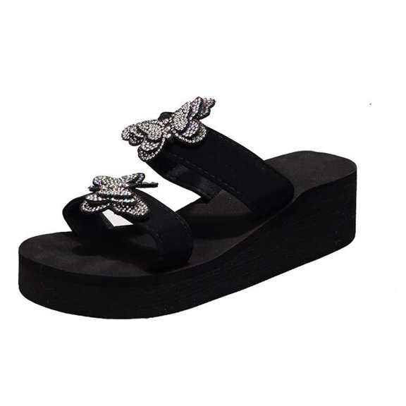 Holiday Savings Deals! Kukoosong Wedge Sandals for Women Summer Sandals Casual Slippers Beach Butterfly Shoes Sandals Women Black 36