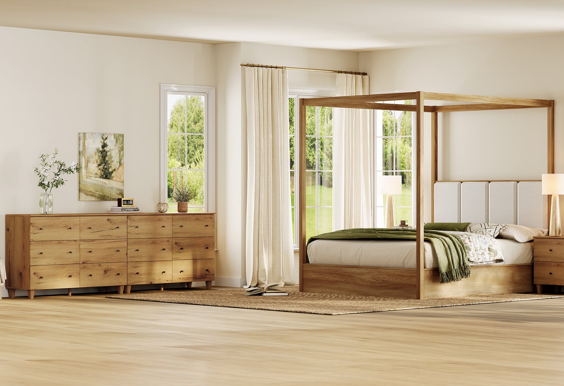 WAMPAT Modern Queen Size Canopy Bed Frame and 2-in-1 Large Dressers Set, 4 Poster Bed with Headboard, Wooden Bedside Tables with 12 Drawers for Bedroom