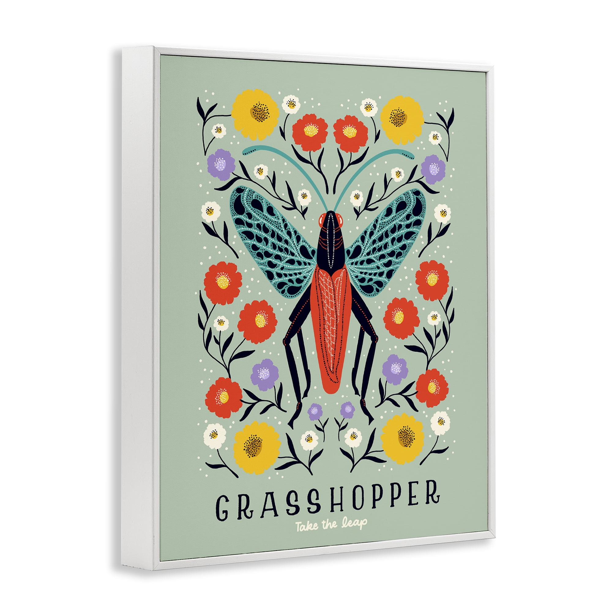 Stupell Industries Symmetrical Grasshopper with Blooms White Framed Giclee Art, design by Indira Prieto | IndySign