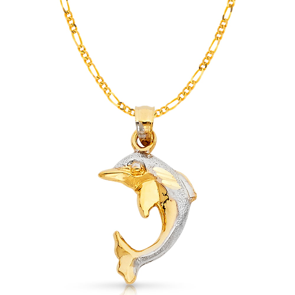 SOLID 14KT GOLD DOLPHIN CHARM TWO TONE DIAMOND CUT PENDANT NECKLACE