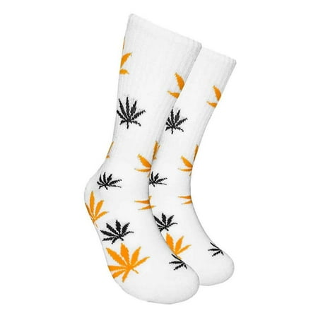 

Couver Unisex Weed Leaf Printed Marijuana Mid-Calf Crew Socks (White/Orange/Black)