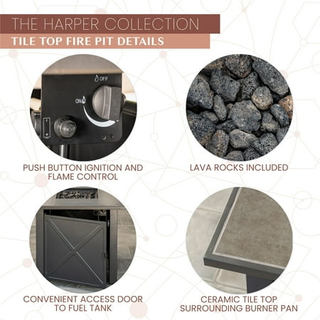 Mod Furniture - Harper 40,000 BTU Tile-Top Gas Fire Pit Table with Burner Cover and Lava Rocks - Grey/Faux Wood