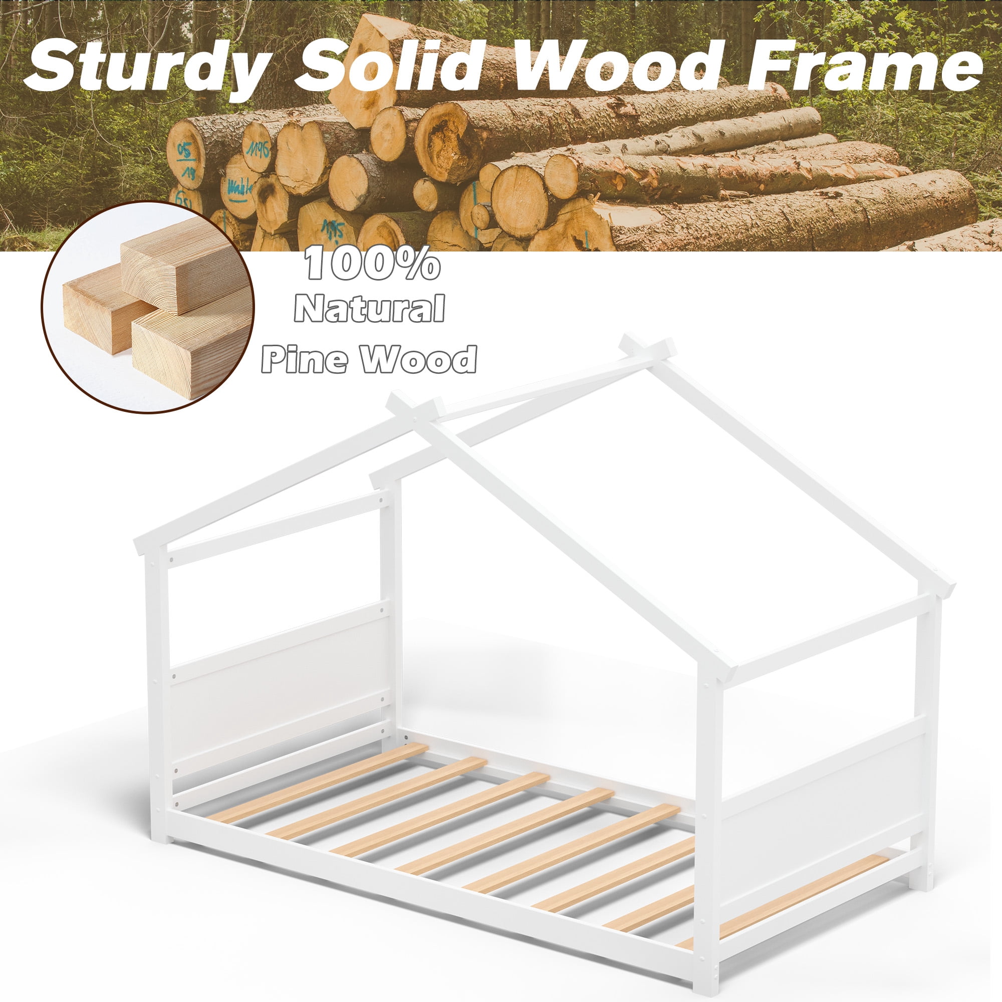 Joywind Twin Solid Wood House Floor Bed Frame with Safety Guardrails, Kids Bed for Boys Girls