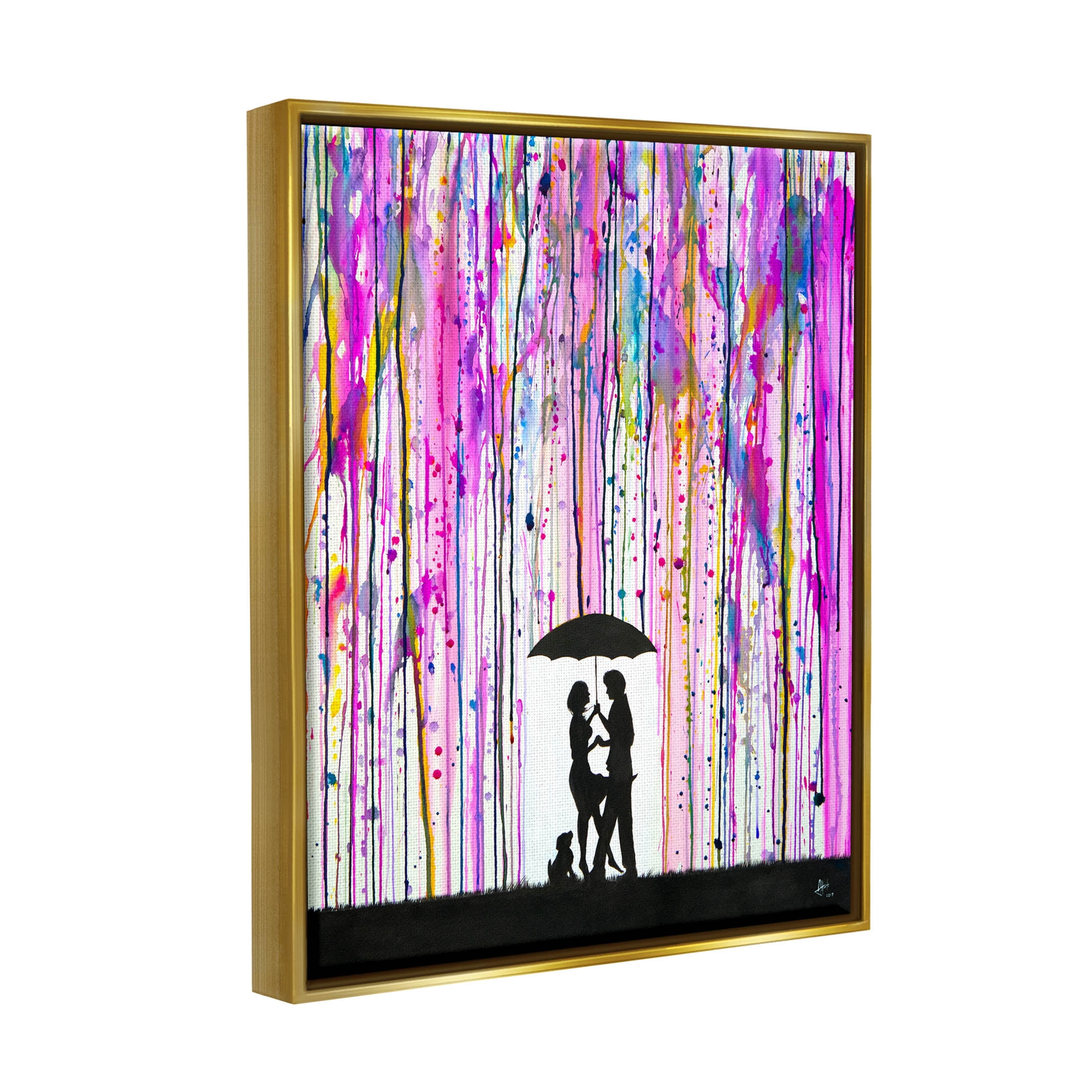 Bold Purple Rainfall Family Silhouette Abstract Graphic Art Metallic Gold Framed Art Print Wall Art
