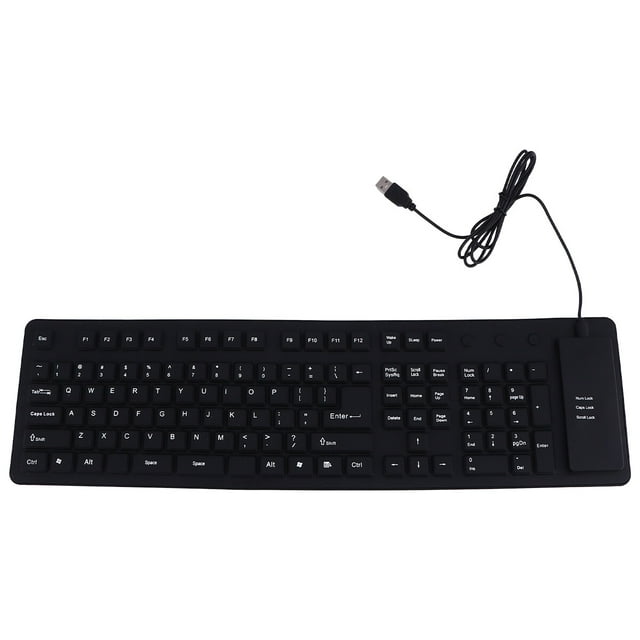Roll Up Keyboard Computer Waterproof 109 Keys Silent USB Wired Keyboard made of durable silicone material. Features a fully sealed design that is waterproof, dustproof, oilproof, and resistant to acids and alkalis, making it suitable for harsh environments. The keyboard is black, compact, and can be rolled up for easy portability and space-saving storage. Includes a USB cable for wired connectivity and a standard 109-key layout.