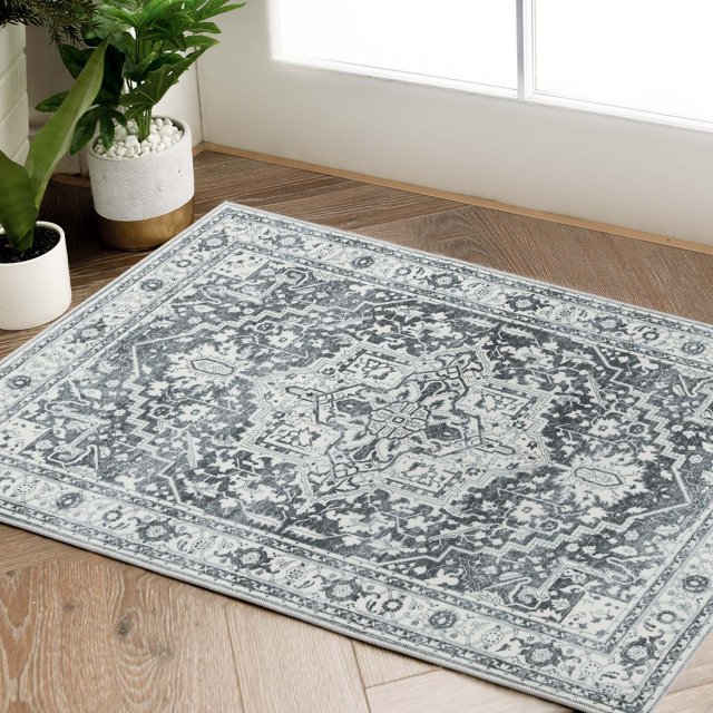 Rugking Doormat 2x3 Washable Persian Rug Indoor Entryway Vintage Rug Grey Area Rug Foldable Non Slip Low Pile Mat for Bathroom Kitchen Bedroom