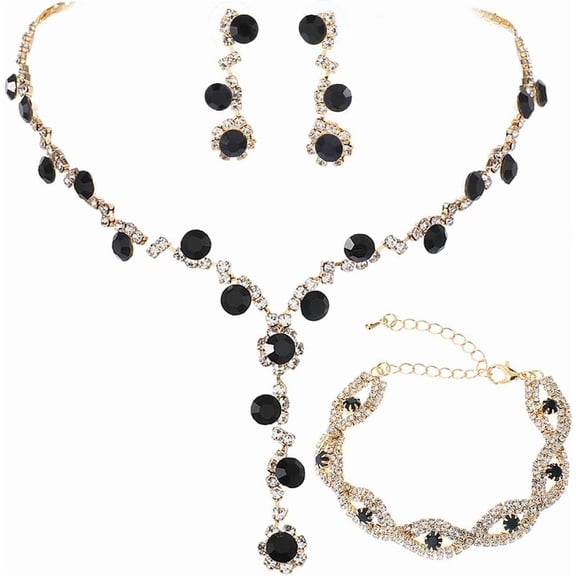 Rhinestone Bride Wedding Jewelry Sets Bridal Necklace Bracelet Earrings Set Prom Costume Jewelry for Women and Brides