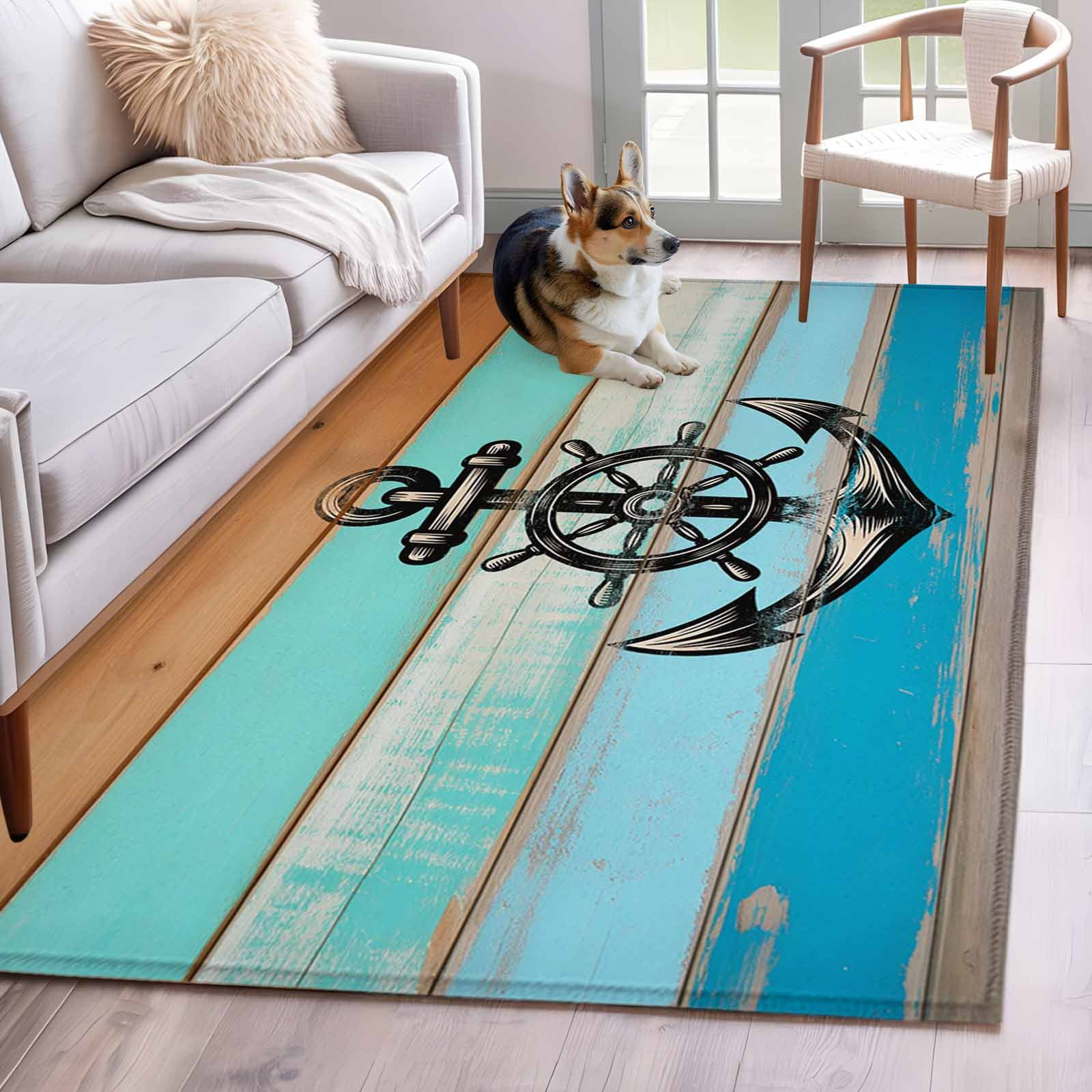 Nautical Washable Area Rugs 3 x5 Vintage Black Anchor Rudder Stars Teal Wood Grain Low Pile Throw Living Room Rug Non-Slip Sturdy Edge Binding Carpet for Indoor Entryway Bedside Kitchen