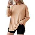 thumbnail image 2 of Women's Oversized Long Sleeve Workout Tshirts with Side Slit Fall Fashion Gym Casual Basic Tops Style Loose Tees for Daily Fitness | CSEONE,Beige L, 2 of 9