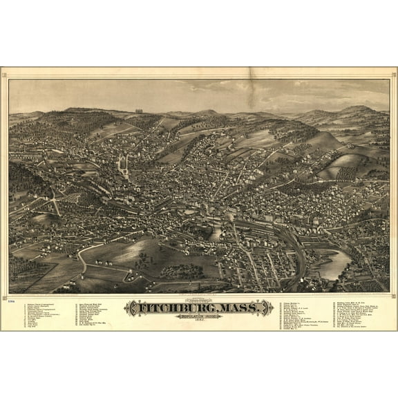 24"x36" Gallery Poster, map of Fitchburg, Massachusetts 1882