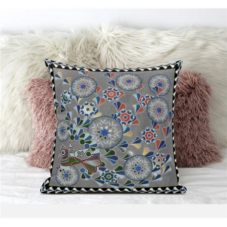 

Amrita Sen Designs CAPL572FSDS-BL-20x20 20 x 20 in. Glory of Flowers Peacock Suede Blown & Closed Pillow - Grey & Yellow