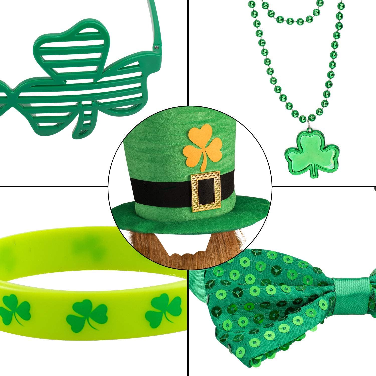 Mustaches Medal and bow tie for St Lucky Bracelet Patricks Day Party Favor Set with Green Hat Eyeglass Patrick Irish Party Supplies Tattoo Sticker Ankuka 82 Pcs St Shamrock Necklace and 60 coins 