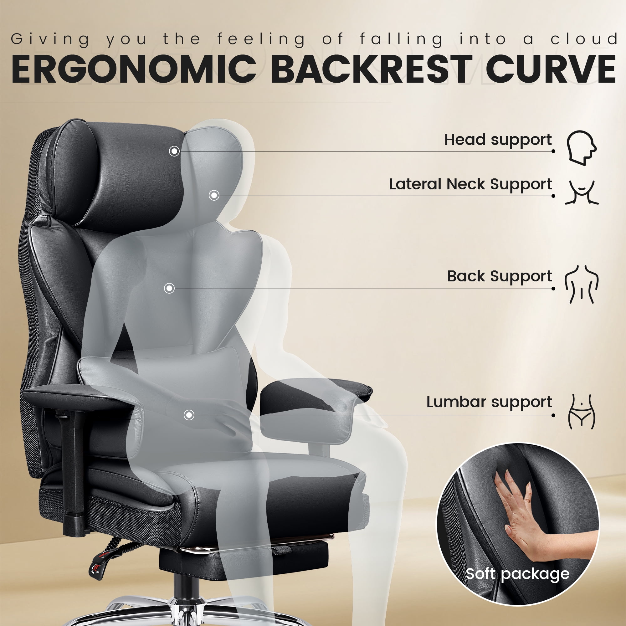 COOLHUT Large Executive PU Leather Office Chair with Adjustable Armrests and Footrest, High Back and Lumbar Support, Ideal for Big and Tall Users, Perfect for Home Office or Computer Desk Use, Black