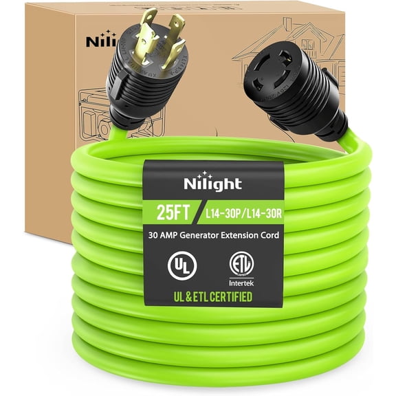 Nilight 25FT 30Amp Generator Extension Cord 125V Heavy Duty 10/3 Gauge Pure Copper STW Wire UL ETL Listed 4 Prong L14-30P L14-30R Weatherproof Suit for Camper Outdoor Use Bright Green