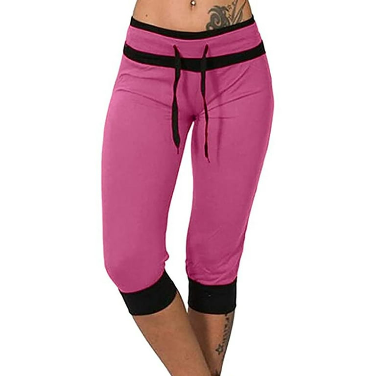 Clearance! MIARHB Pants Ladies Panel Color Low Rise Capri Leggings Hot Pink  XL