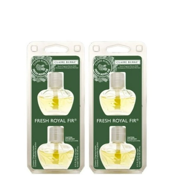 Claire Burke Recharge de Chauffe-Parfum Électrique Fresh Royal Fir - Lot de 2. Chaque Recharge Est Offerte dans une Bouteille en Verre de 21 ml, Offrant un Mélange de Parfum Frais et Net d'Aiguilles de Sapin, de Pommes de Pin et de l'Essence d'Une Forêt Enneigée. Conçue pour Éliminer les Odeurs et Garder les Espaces Frais pendant 30-60 Jours. Emballée dans un Boîtier Vert et transparent avec une Image de Marque visible. Fabriquée au Portugal et Non Testée sur les Animaux.