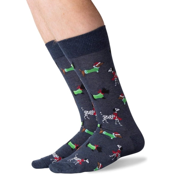 Hot Sox Men's Holiday Fun Novelty Crews Sockshosiery, -Christmas Dogs (Denim Heather)