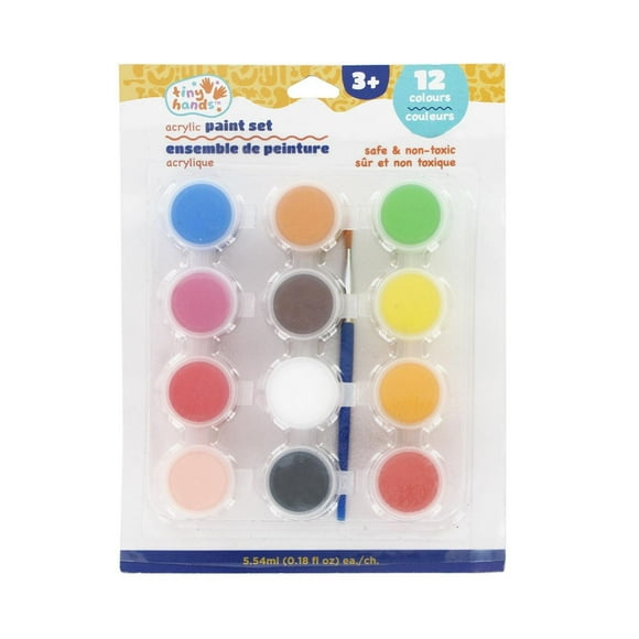 TINY HANDS Acrylic Paint Set, 12 colours, Non Toxic, 6 mL (0.2 oz) each, Age 3+, Kids, Crafts, Primary