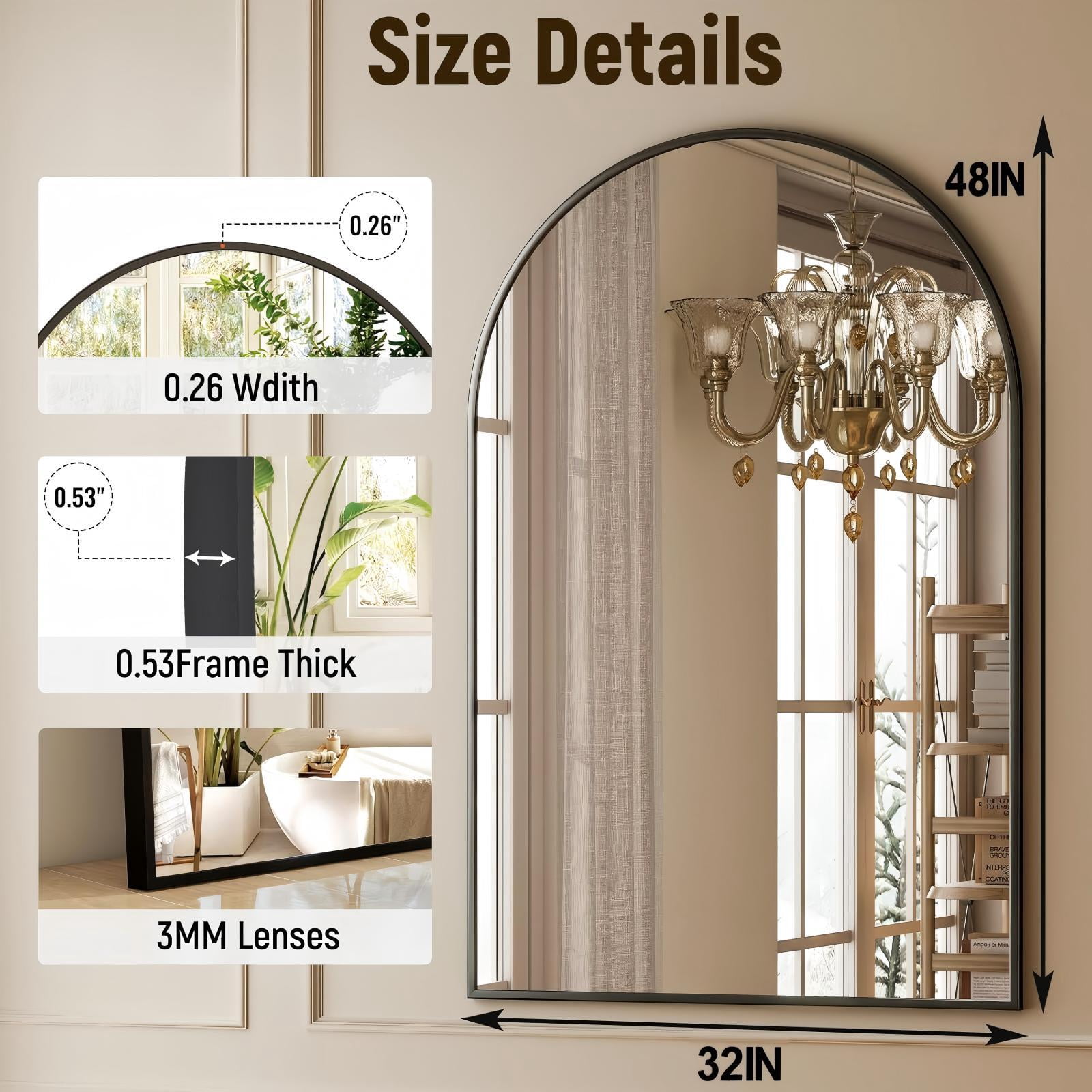 Mirrasia 32"x48" Arched Bathroom Mirror Wall Mounted Vanity Mirror,Black