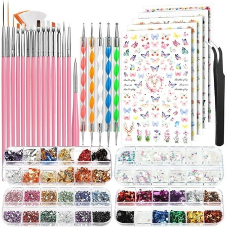 ODDPC Nail Art Brushes Set, Nail Art Kit, Nail Design Kit, Nail Art Dotting Pens, Nail Stickers, Butterfly Nail Art Sequins, Nail Foils